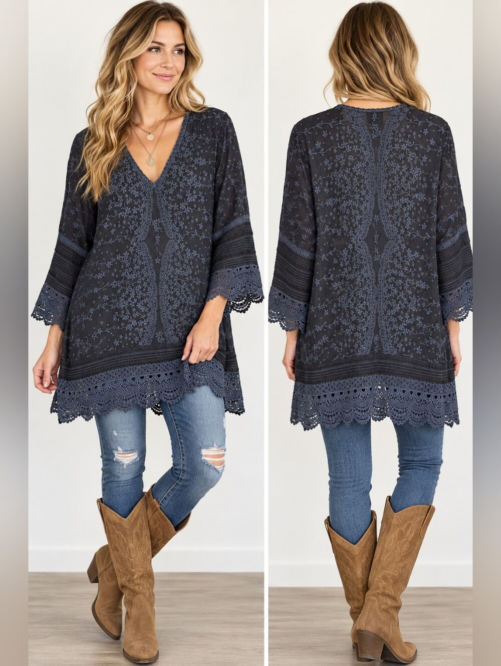 Johnny Was XL Boho Floral Embroidered Crochet Lace Tunic Top Navy Blue